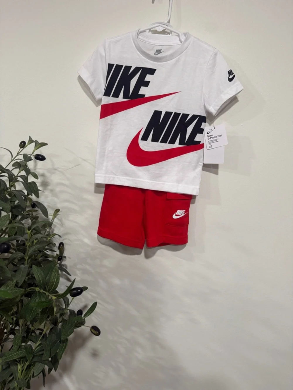 Nike White Tee with Red & Black Logo and Red Shorts - Picture 1 of 1